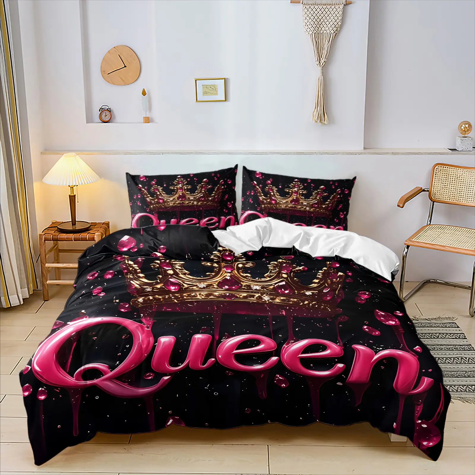 Elegant Rhinestone Gilded Rose Red Crown Queen Duvet Cover Set, 1 Duvet Cover & 1-2 Coreless Pillowcases, Breathable Bedding With Ruby Glitter Dripping Royal Large Print, Soft & Cozy, Dark Light Luxury Style For Women Bedroom Decor, Gift For Best Friends