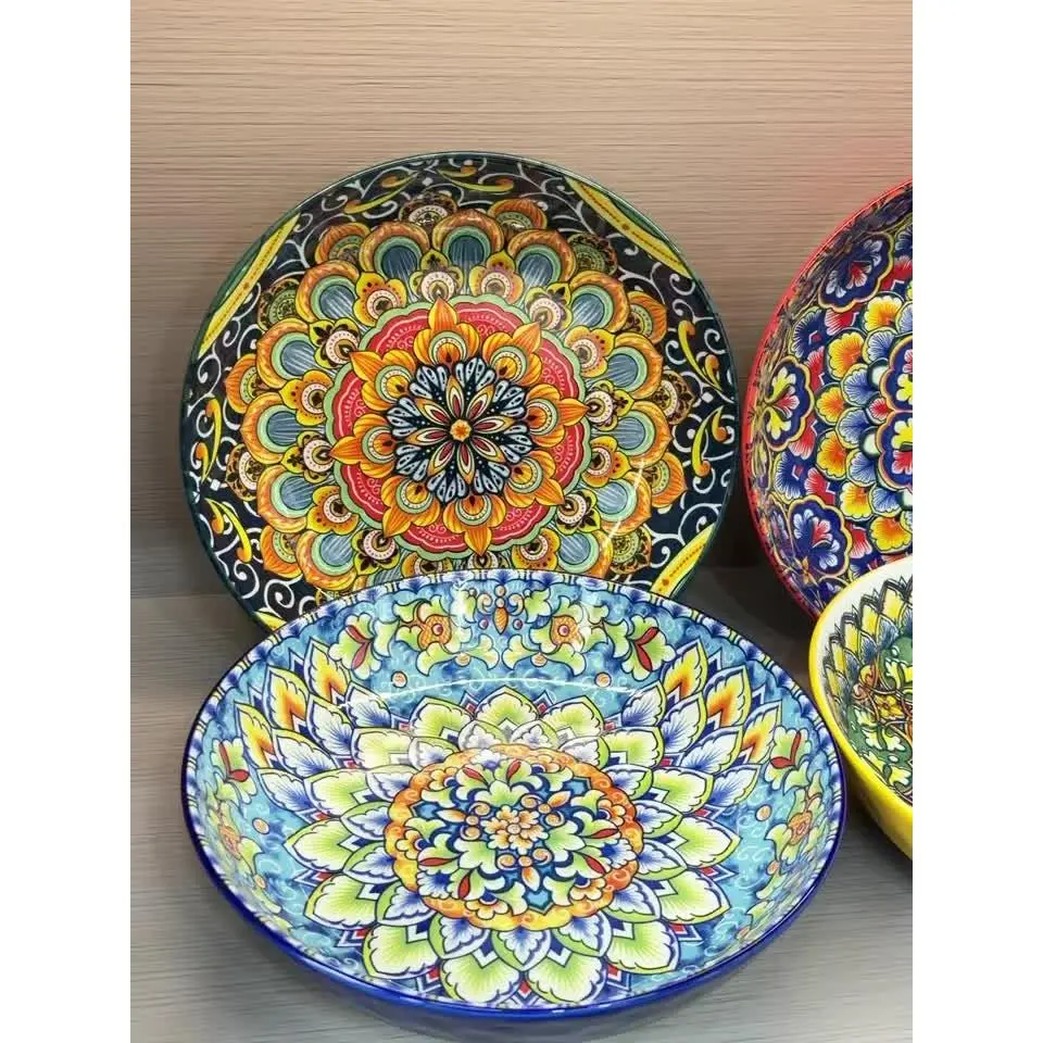 Set Of 4 Bohemian-style Ceramic Plates, Handcrafted Boho Plates With Floral And Mandala Designs, Vibrant Colors, Underglaze Technique, Dishwasher, Oven, And Microwave Safe, Perfect For Holidays And Family Gatherings