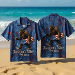 Patriotic Firework Bigfoot Hawaiian Shirt, America's 250th Anniversary 1776-2026 Print Short Sleeve Button Up Aloha Top for Holiday Celebrations # TikTokMadeMeBuyIt # BigfootShirt # PatrioticAloha # USA250HawaiianShirt