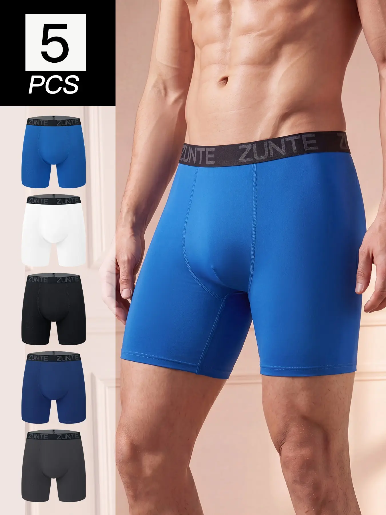 Men’s Boxer Briefs 5 Pcs/Pack Long Leg Underwear, Breathable Quick Dry Moisture Wicking 4-Way Stretch Trunks, No Ride Up Anti Chafing Athletic Boxer Briefs for Gym Running Cycling Daily Wear