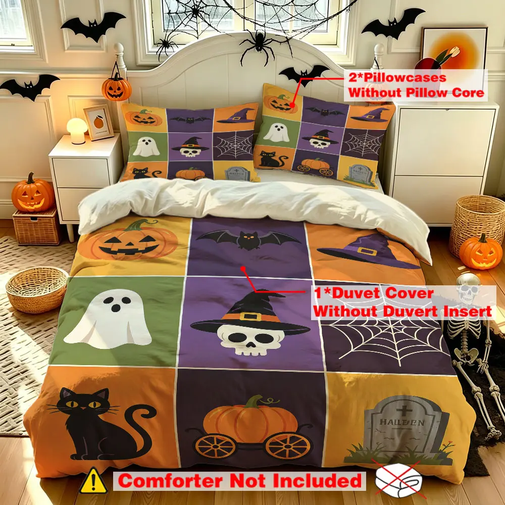 A three-piece bedding set (1 bedspread + 2 pillowcases without inner cores) with a Halloween-themed slogan featuring pumpkins, ghosts, and black cats. The bedding set is suitable for use in hotels, dormitories, and other occasions as a festive deco