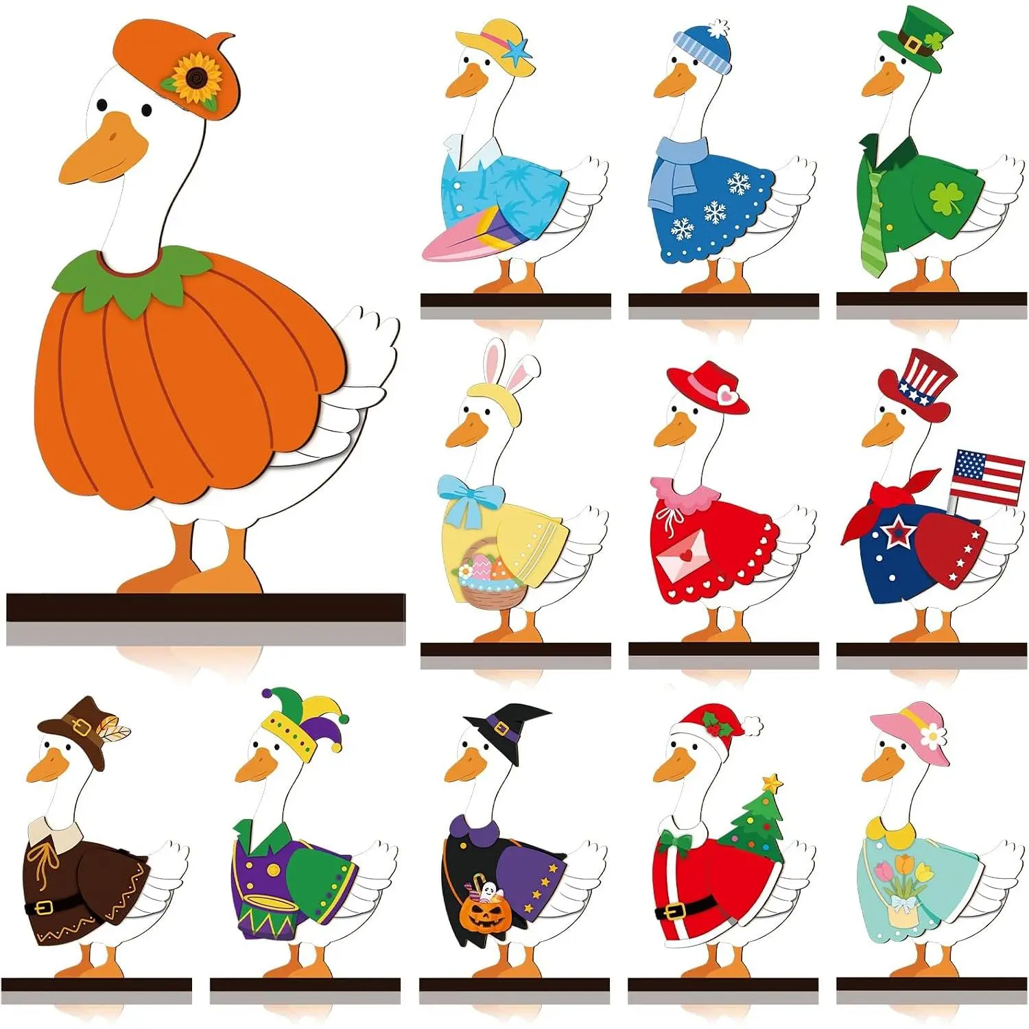 25-piece set of interchangeable desktop goose-shaped decorative signs, seasonal wooden pumpkin geese with festive costume magnetic accessories, autumn multi-layer tray decorations, gifts for home, office, and classroom