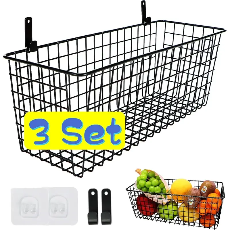 3-Pack Hangable Wall Mount Wire Storage Baskets, Farmhouse Home Organiser for Kitchen Pantry, Laundry Closet, Black