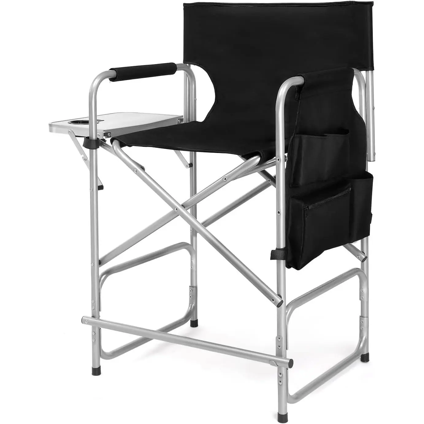 26" Tall Folding Directors Chair with Side Table,Portable Makeup Artist Bar Height, Steel Frame 300 lbs Capacity, 19.2" D x 23.6" W x 40.5" H,Black