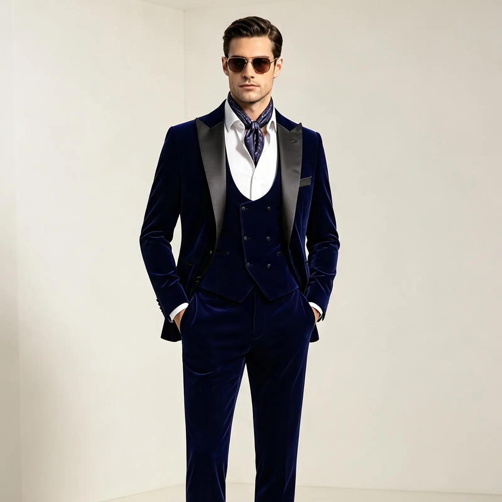 Luxury Blue Corduroy Mens Three Piece Tuxedo Set Satin Lapel Blazer Waistcoat Pants Formal Suit with Complimentary Bow Tie for Groom Evening Party