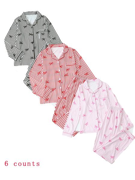 【Valentine Pajamas】Two-Piece Set Women's All Over Bow Print Button Front Shirt & Pants Pyjama, Casual Comfy Long Sleeve Lapel Neck Top & Trousers PJ Set, Women's Sleepwear for Spring & Fall