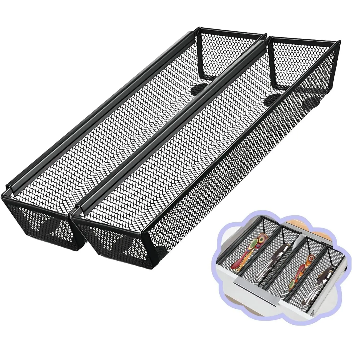 2PCS Drawer Organizer for Kitchen,Utensil Mesh Drawer Organizer with Interlocking Arm for Cosmetic,Flatware,Pen (12 * 3 * 2 Inches,Black)