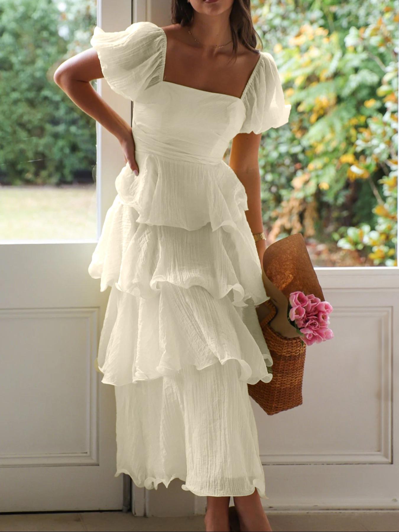 Elegant French Style Square Neck Bubble Sleeve Backless Layered Midi Dress, Casual Fitted Plain Design, Perfect for Vacation Wear