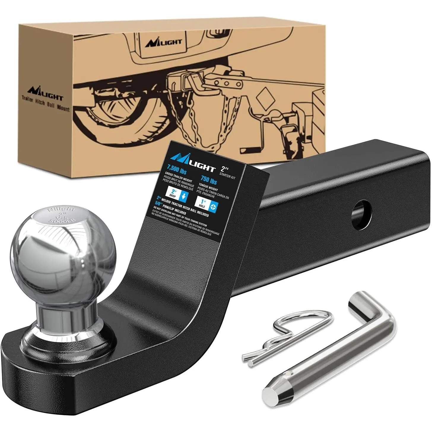 Nilight Fusion Trailer Hitch Mount with 2 Inch Trailer Ball & 5/8" Hitch Pin Clip Fits 2-Inch Receiver 7500 lbs 2" Drop, Weather-Resistant Boating Accessory Harness