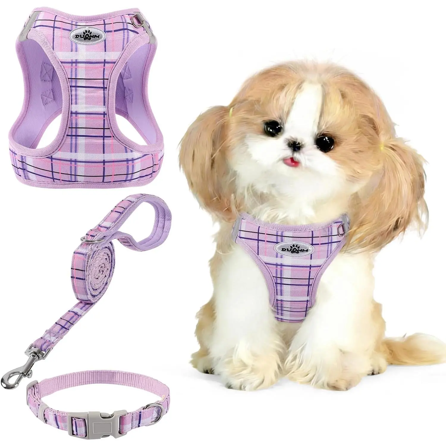 Gyuzh Extra Small Dog Harness Set with Leash - 3-Piece Step-in No-Pull Vest & Collar, Breathable Reflective Jacquard Fabric, Padded Handle Leash (Purple, S)