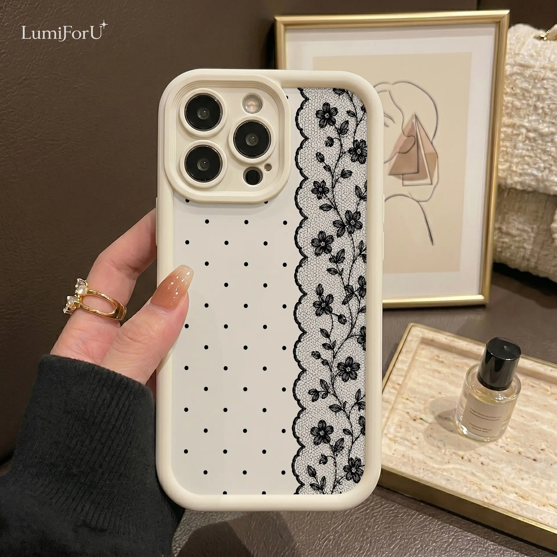 Polka Dot & Lace Pattern Flexible TPU Phone Case, Full-Body Protection w/ Comfort Grip, Anti-Slip Anti-Drop, Raised Camera Shield, Daily Defense – funda para cover matching cases case gift for iPhone 12 13 14 15 16 16e 17 Air Pro Max Galaxy S24 S25 S26 Ul