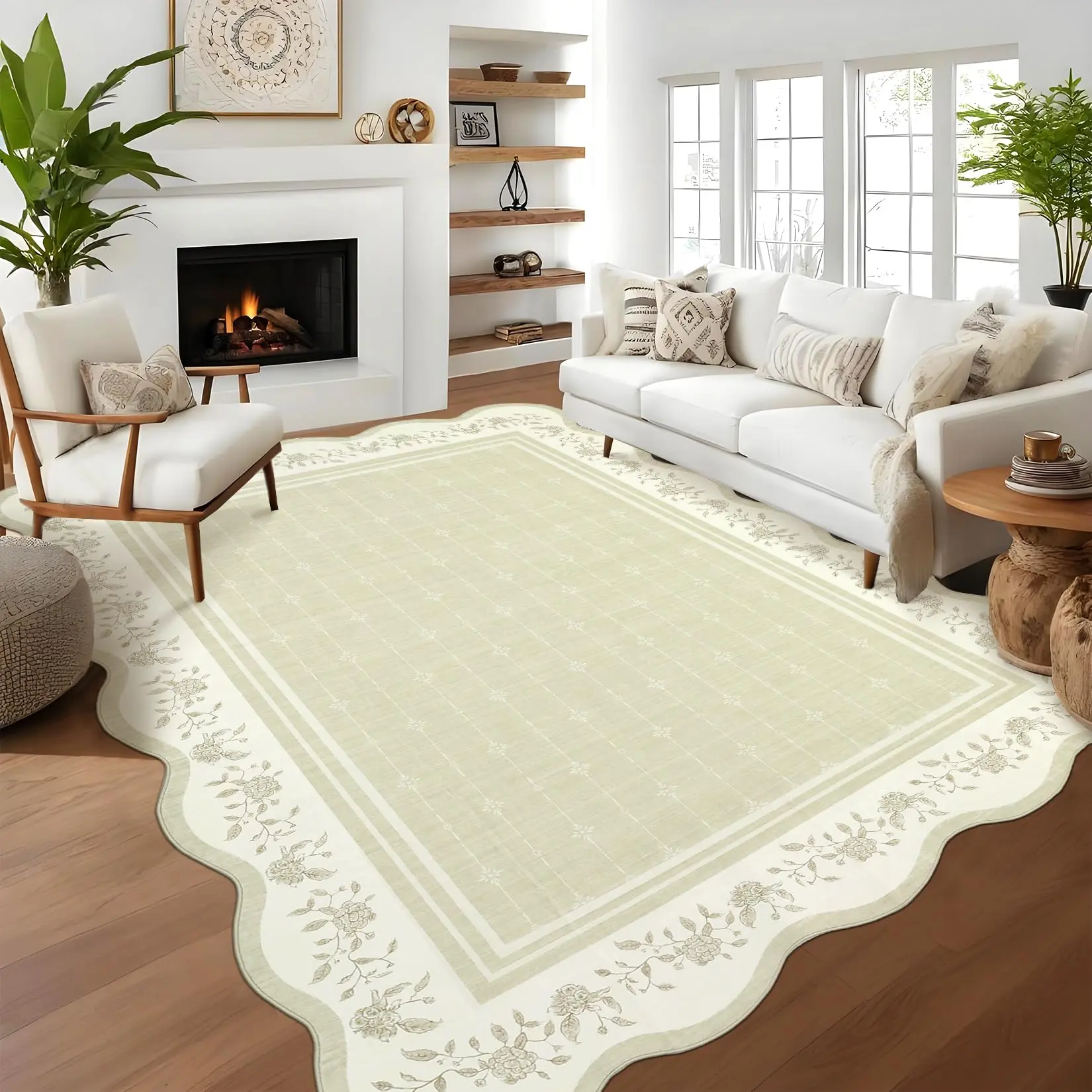 GARVEE 8x10 Scalloped Edge Floral Motif Rug - Neutral Beige, Soft Pile, Washable, Non-Slip, Stain-Resistant, Non-Shedding for Living Room Decor, Bedroom/Nursery