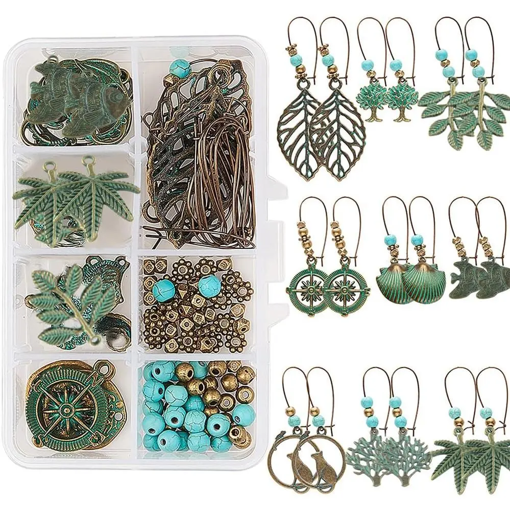 1 Box DIY 9 Pairs Metal Hollow Bohemian  Dangle Earrings  Making Starter Kit Alloy Green Patina Tree Leaf  Sea Horse Charms Turquoise Beads Craft Supplies for Beginners