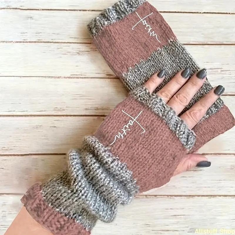 [Women's Color-Block Mittens] Faith Cross Embroidered Women's Thermal Mittens | Autumn/Winter Color-Block Gloves
