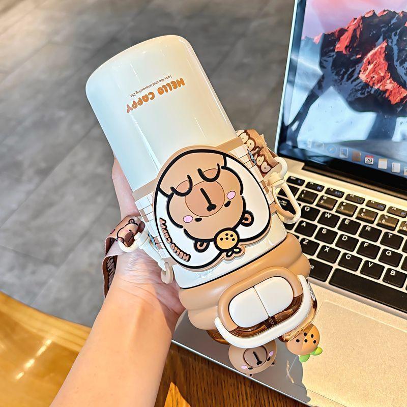 Capybara Children's Straw Insulated Cup for Kids 316 Stainless Steel Cartoon Double Drinking Diagonal Cross Travel Water Bottle Capybara Children's Straw Insulated Cup for Kids 316 Stainless Steel Cartoon Double Drinking Diagonal Cross Travel Water Bottle