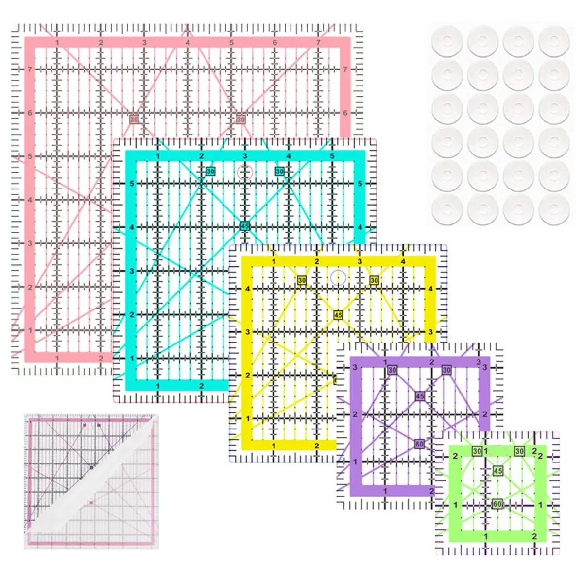 5 Quilting Square Rulers(2.5",3.5", 5", 6", 8") with Quilting Rulers and Templates