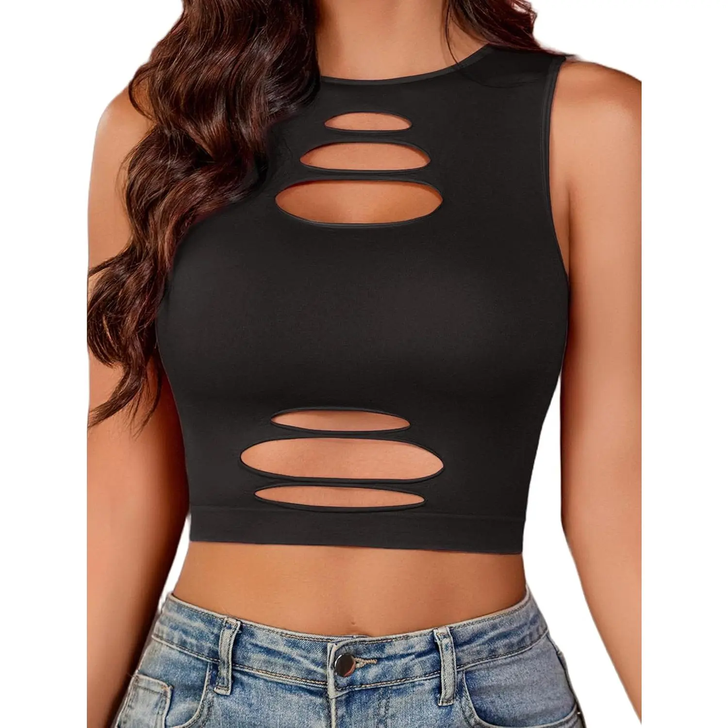 Women's Lingerie Casual Chic Fishnet Crop Top, Sexy Cut-Out Hollow Fabric Tank Top