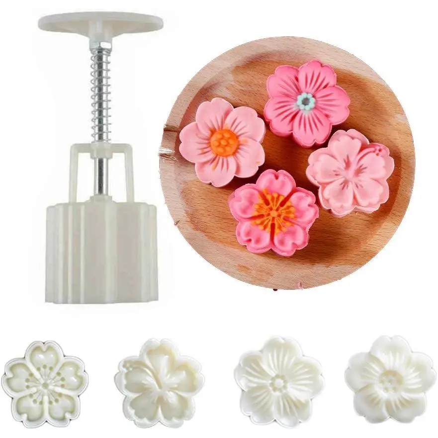 4pcs 50g Traditional Plastic Sturdy Bakeware Moon Cake Mold Set - Detachable Cherry Blossom Floral Hand Press Cookie Stamps, Mid Autumn Festival DIY Dessert Cutter Pastry Decoration Tool