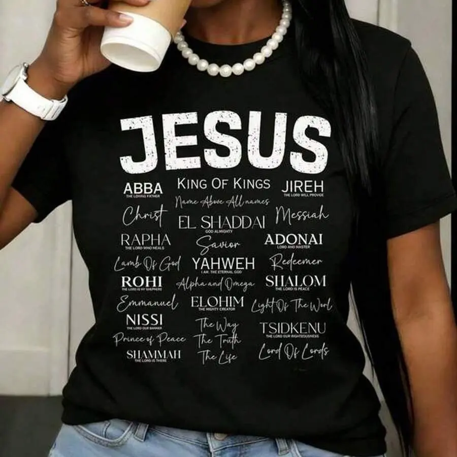 Jesus Names Of God Christian T Shirt Black Religious Faith Spirituality Women Fashion Casual Top Church Wear Gospel Gift For Believers