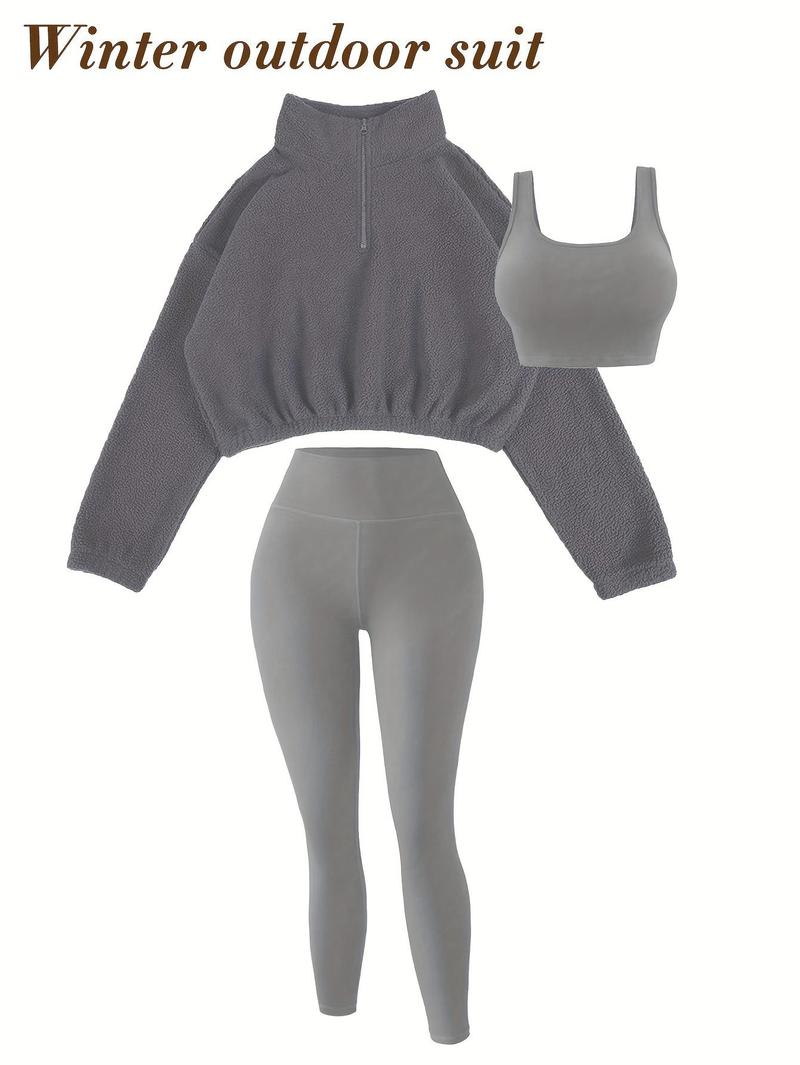 Amoyer 3-Piece Tracksuit Set for Women, fleece-lined zip jacket + top + high-waist pants, cozy winter activewear for gym, running, travel Amoyer 3-Piece Tracksuit Set for Women, fleece-lined zip jacket + top + high-waist pants, cozy winter activewear for gym, running, travel