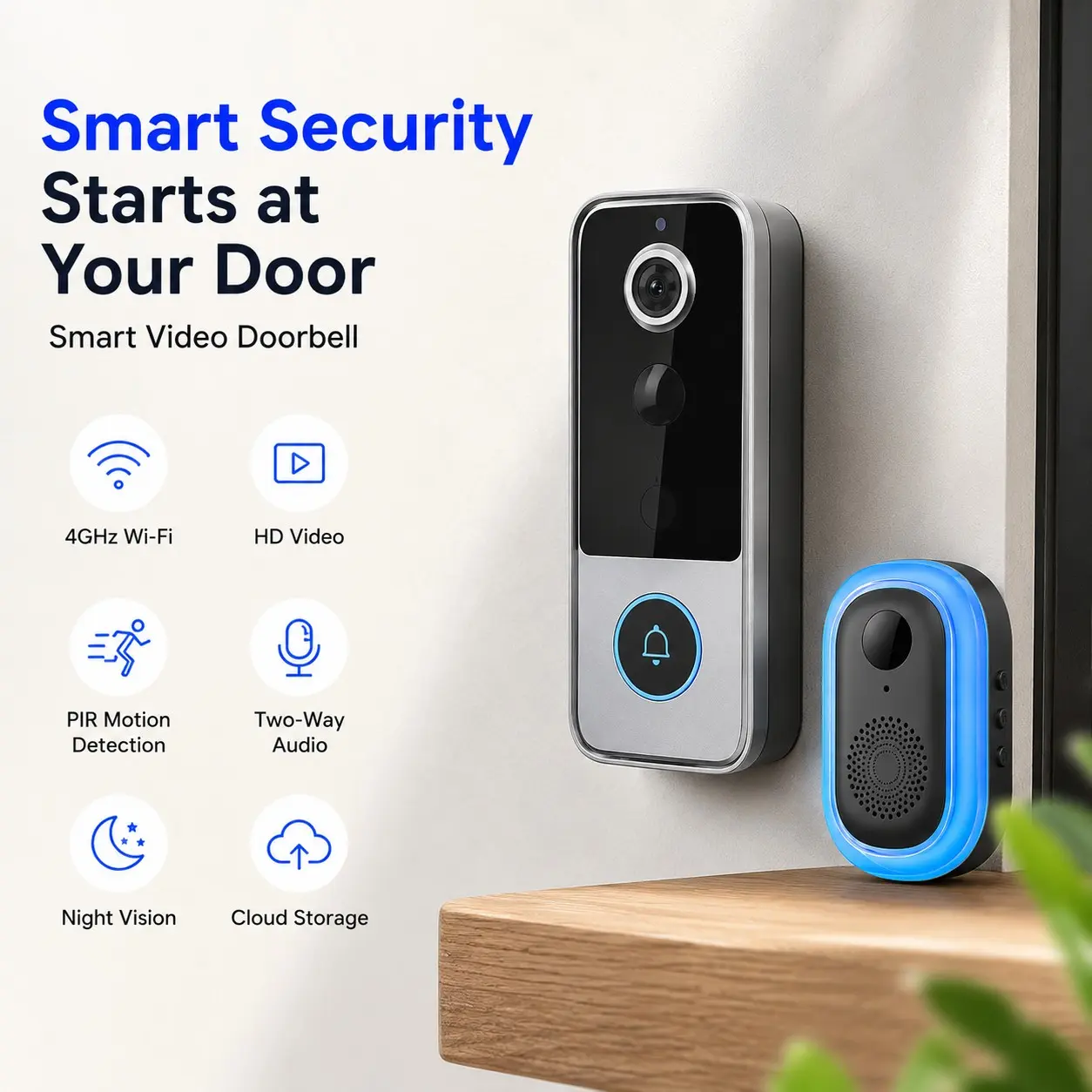 Wireless Video Doorbell Camera, Smart Ai Human Detection, Fhd Real-Time View, IR Night Vision, 2.4g WiFi, Ip65 Waterproof, 4000mah Battery doorbell camera、smart doorbell、wifi doorbell、wireless video doorbell、doorbell cam
