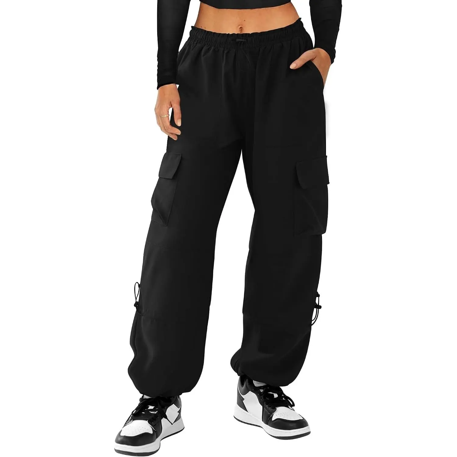 Women's Parachute Cargo Pants Elastic Waist Lightweight Water Resistant Baggy Joggers with 4 Pockets(Gift)