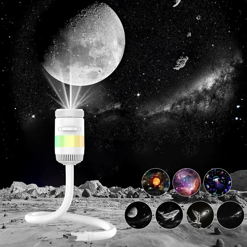 Two-in-one USB plug-in galaxy projection lamp, 10 kinds of RGB color soft bedside atmosphere lights, flexible rotating design of the curving neck planet and star projector, suitable as a projection lamp gift for car, bedroom decoration or wall decoration.