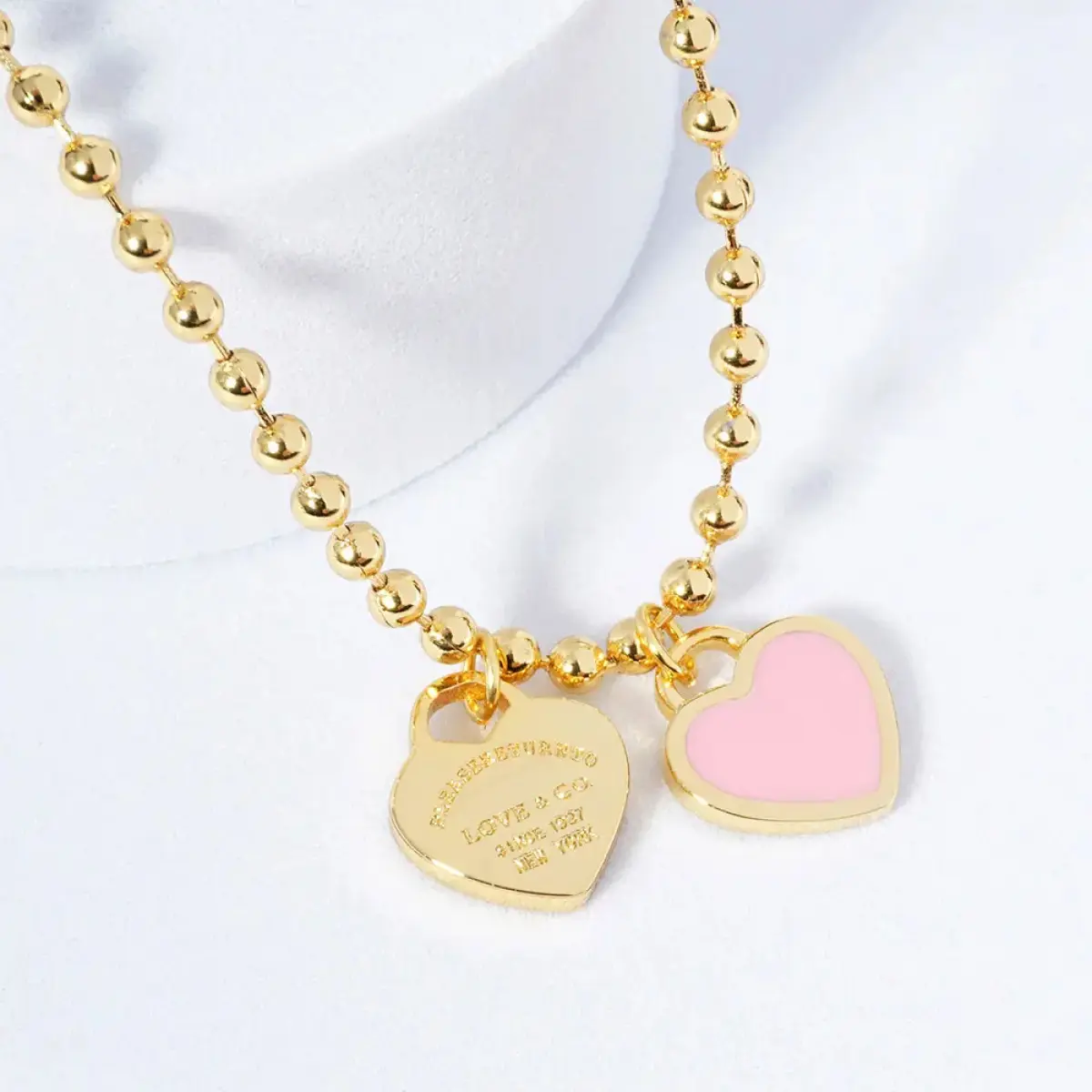 Double Heart Bead Necklace - 1.2 cm Gold Bead Adjustable Jewelry, Classic Daily Wear Accessory for Anniversary, Elegant Simple Aesthetics