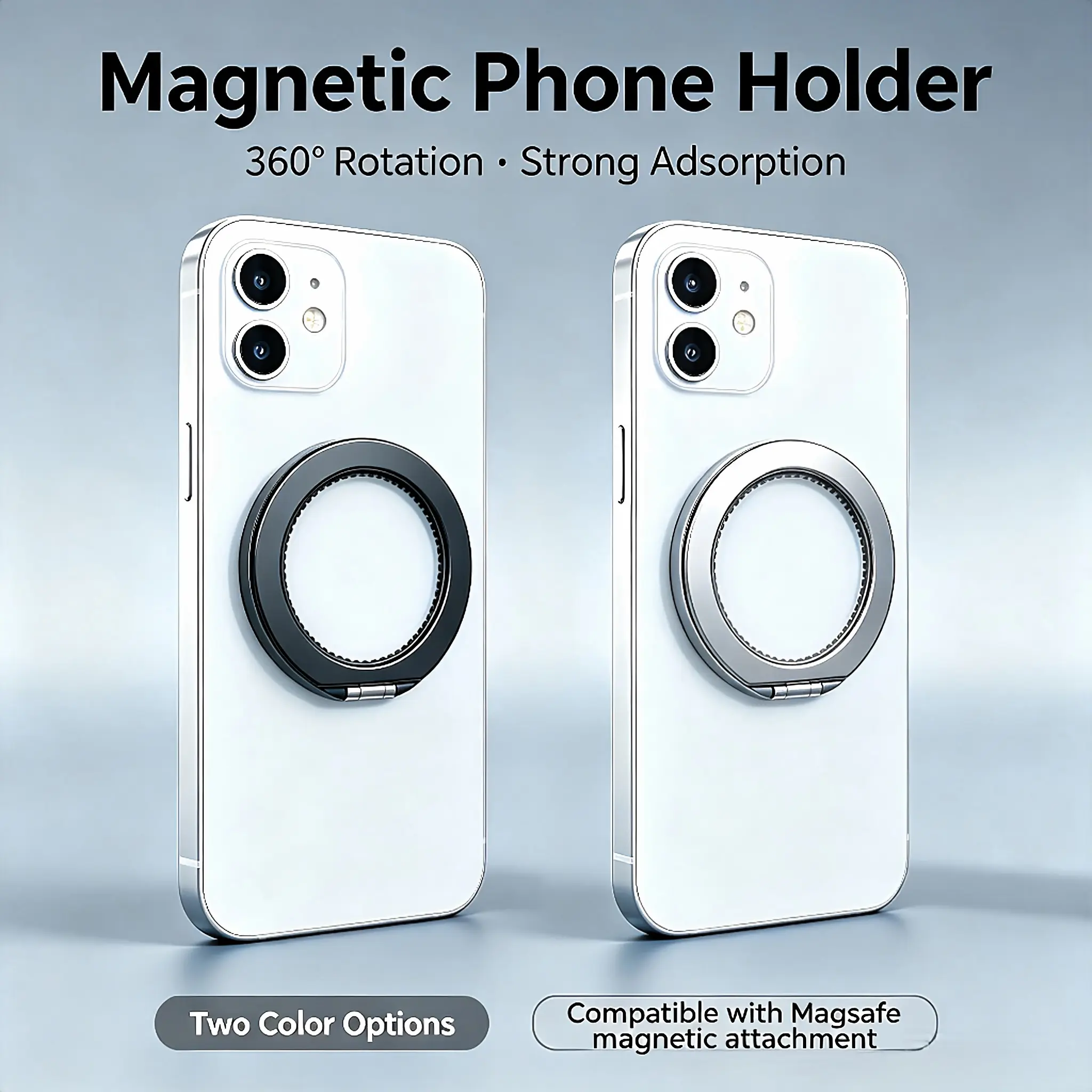 Magsafe Magnetic Metal Stand, 360° Rotatable Ultra-Thin Design, No Adhesive Strong Magnet, Includes 2 Magnetic Rings, Ideal for Devices, Cell Phone Holder