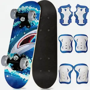 7 in 1 Toddler Skateboard with Protective Gear Set, 17 Inch Maple Mini Cruiser Skateboard, Shark Design Kids Beginners Gift for Boys Girls