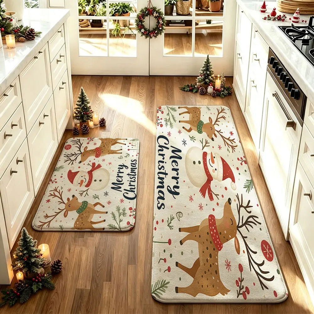 2-Piece Kitchen Rug Set, Snowman Reindeer Pine Branch Snowflake Print, Waterproof Oil-Resistant Non-Slip Decorative Mat, Contemporary Style