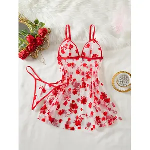 Women's Sexy Floral Mesh Front-Button Nightgown Set