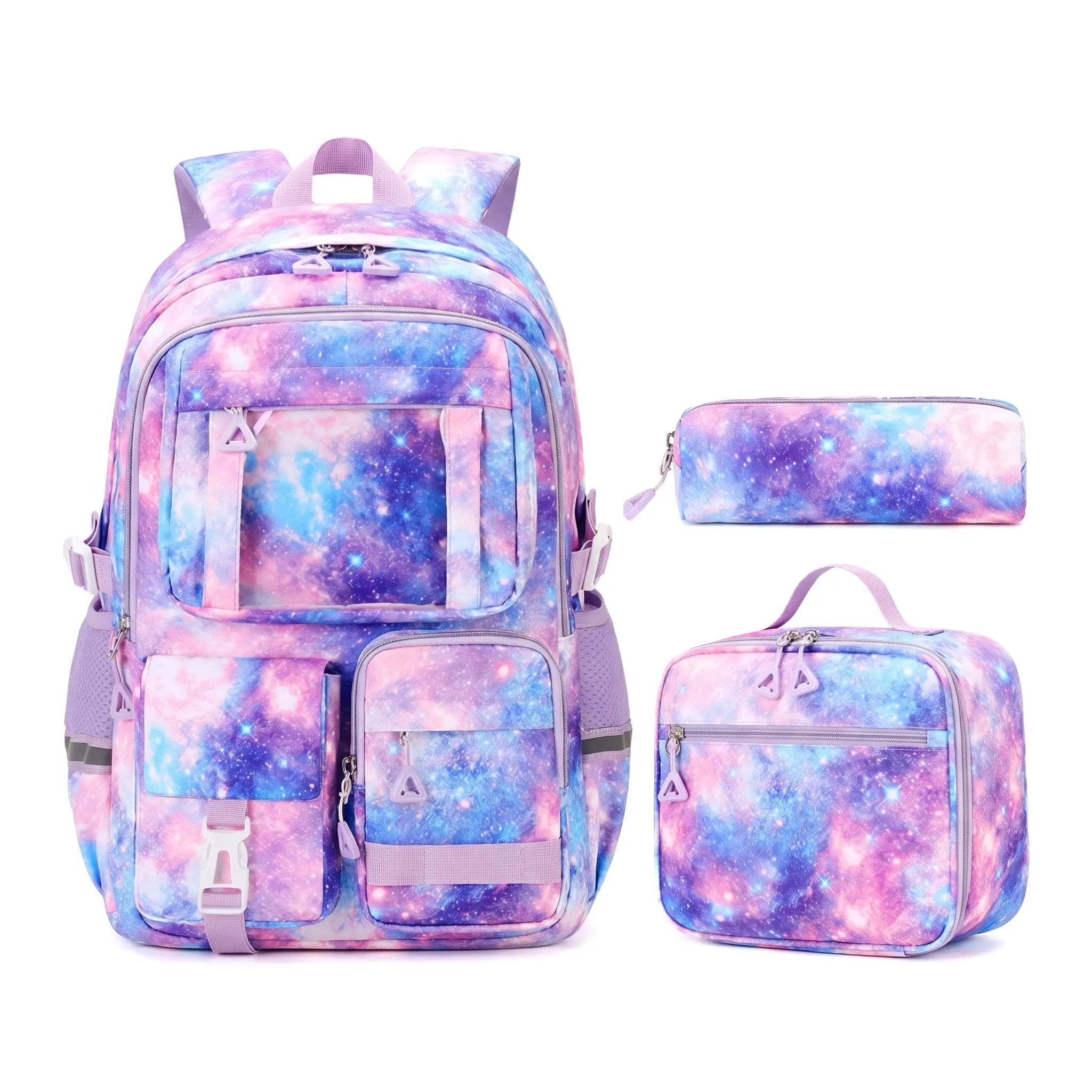 School Backpack and Lunch Bag Set for Students, Chic Unisex Oxford Fabric Bag with Daisy & Starry Sky Print, Cushioned Straps & Zipper Detail, Casual