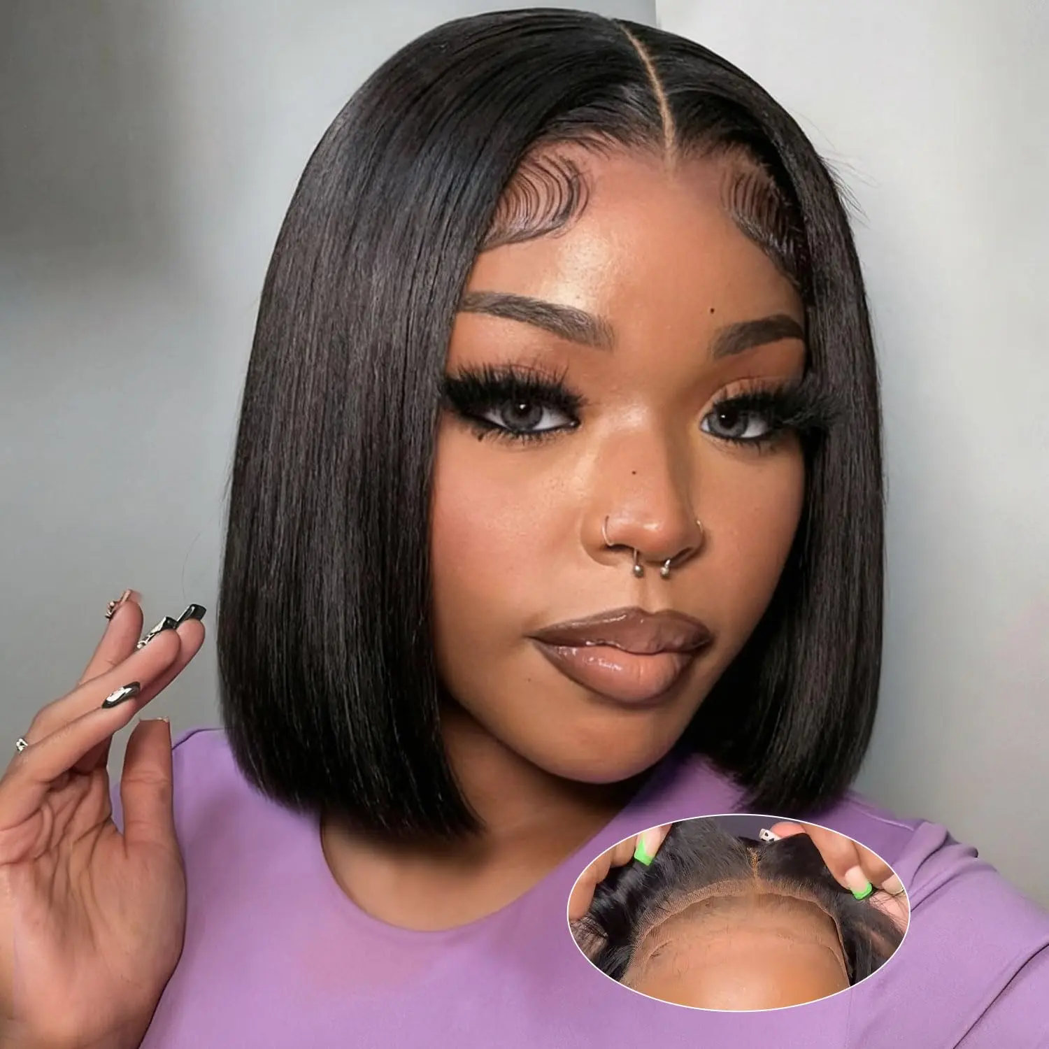 Wear and Go Glueless Short Straight Bob Human Hair Wig 180 Density 4x4 HD Transparent Lace Closure Wig Pre Cut Pre Plucked Hairline Natural Black Wigs for  Women  No Adhesive Needed