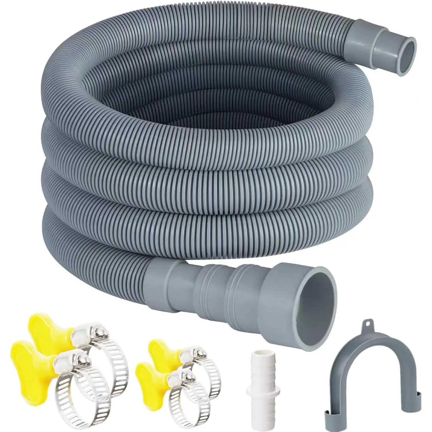 Washing Machine Drain Hose, 6   Dishwasher Drain Hose Extension Kit Corrugated Washer Hoses, 7 count Set with 4 Clamps & 1 U-Bend Hose Holder