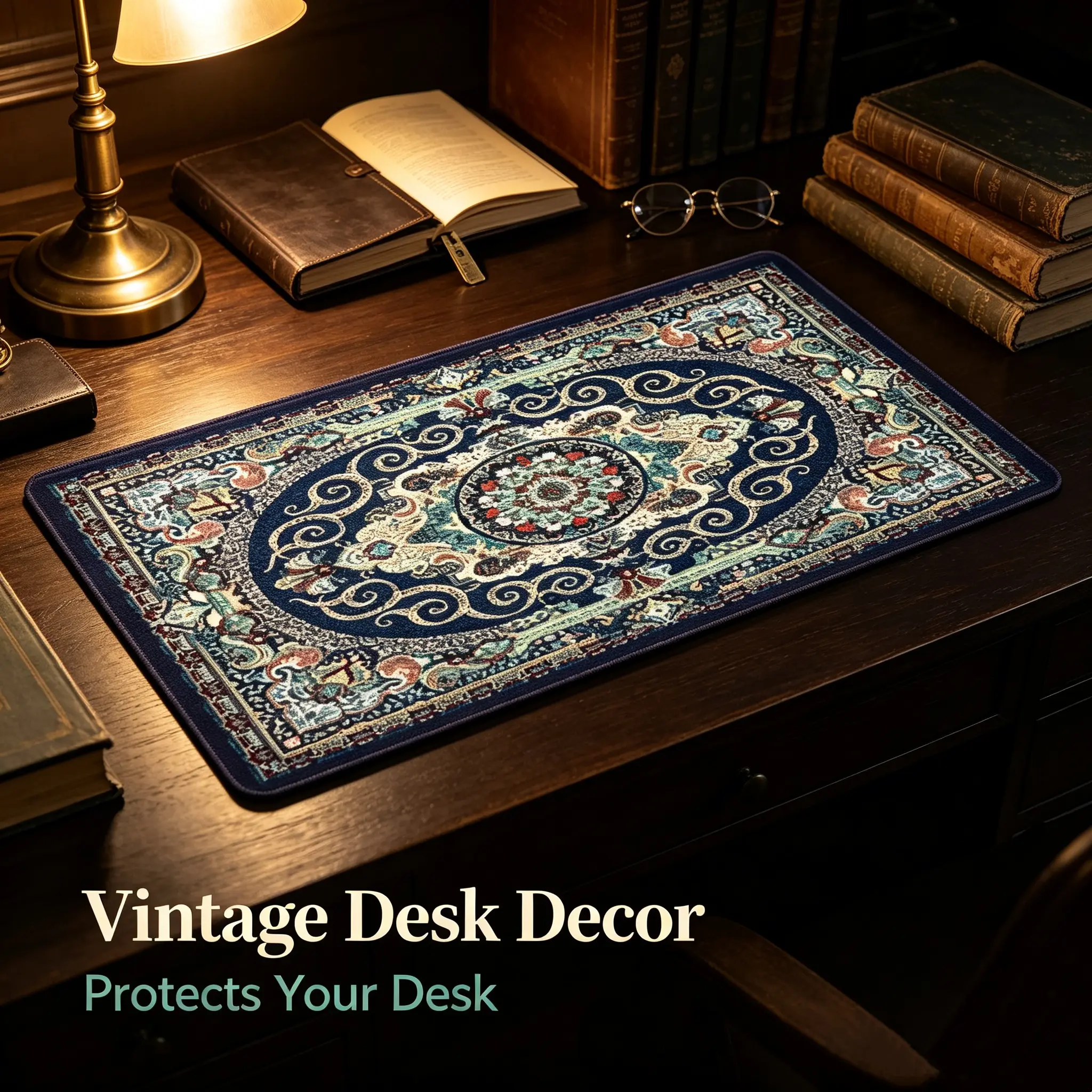 Dark Vintage Persian Rug Pattern Extended Large Gaming Mouse Pad, Ornate Ethnic Mandala Scroll Floral Non-Slip XXL Desk Mat, Rubber Keyboard Mat for Gamers Office Desktop Decorf