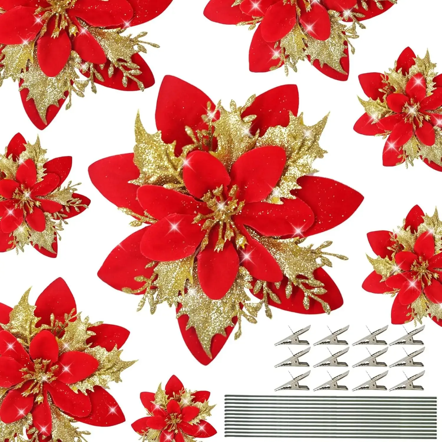 12 count Poinsettias Artificial Christmas 5.5" Red Glitter Poinsettias Christmas Decorations Xmas Tree Ornaments with Clips and Sticks