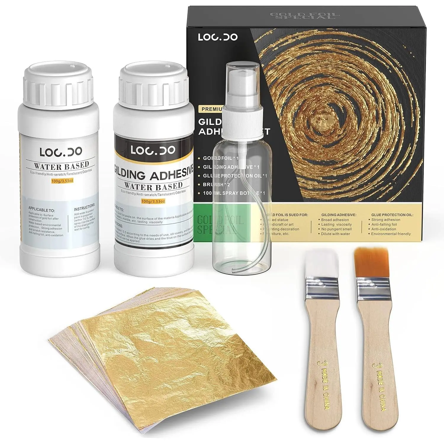 Gold Leaf Kit Gilding Adhesive 200ml Set Water Based Adhesive and Protective Varnish With 100pcs Gold Leaf Sheet for Craft Painting Resin Arts Furniture and Decoration