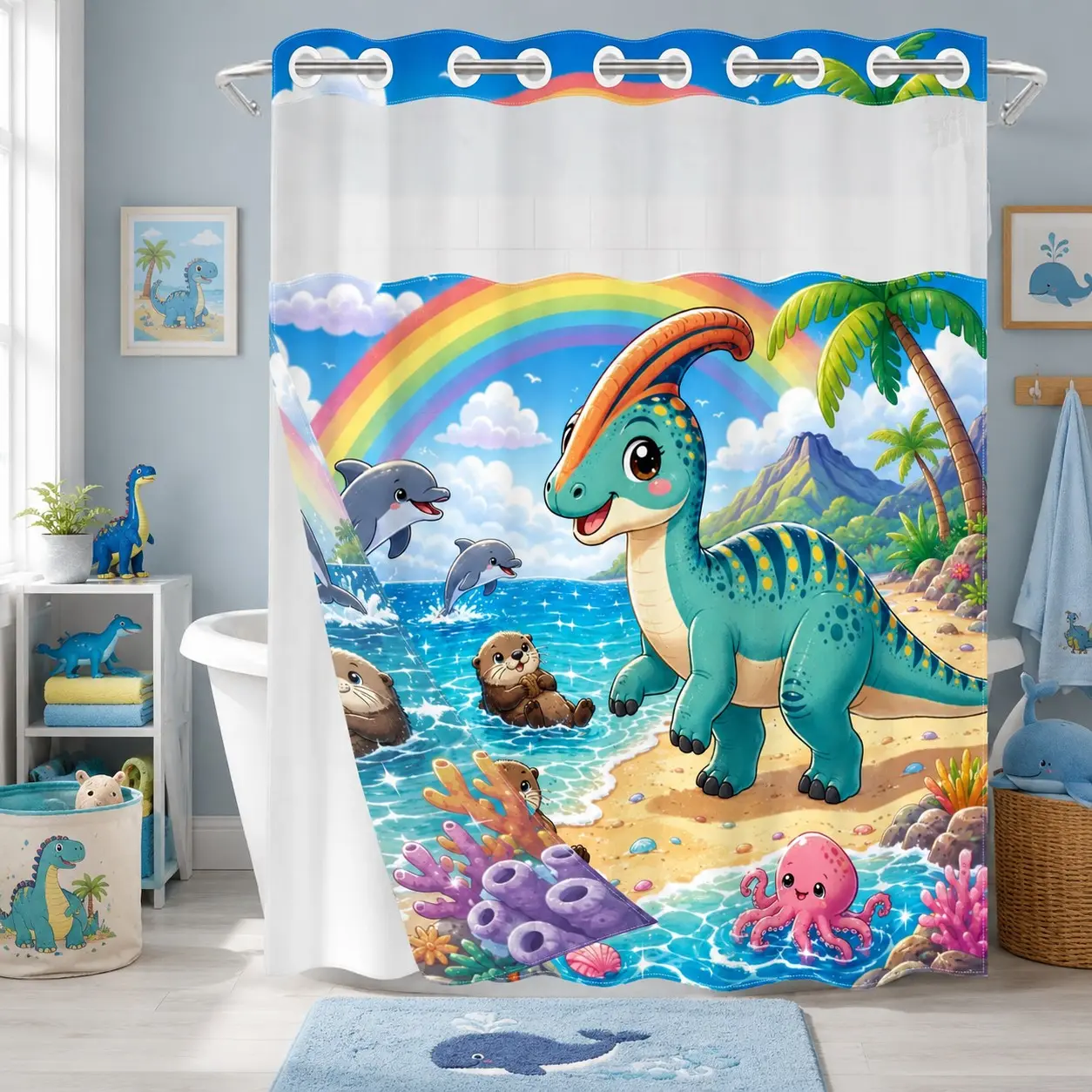 1Pc Hookless Waterproof Shower Curtain, Cute Cartoon Dinosaur Dolphin Beach Ocean Print, Quick Dry Mildew Proof Fabric, Removable Snap-in Liner Accessory, Top See-Through Window, Kids Fresh Seaside Divider Curtain 71×74 Inch
