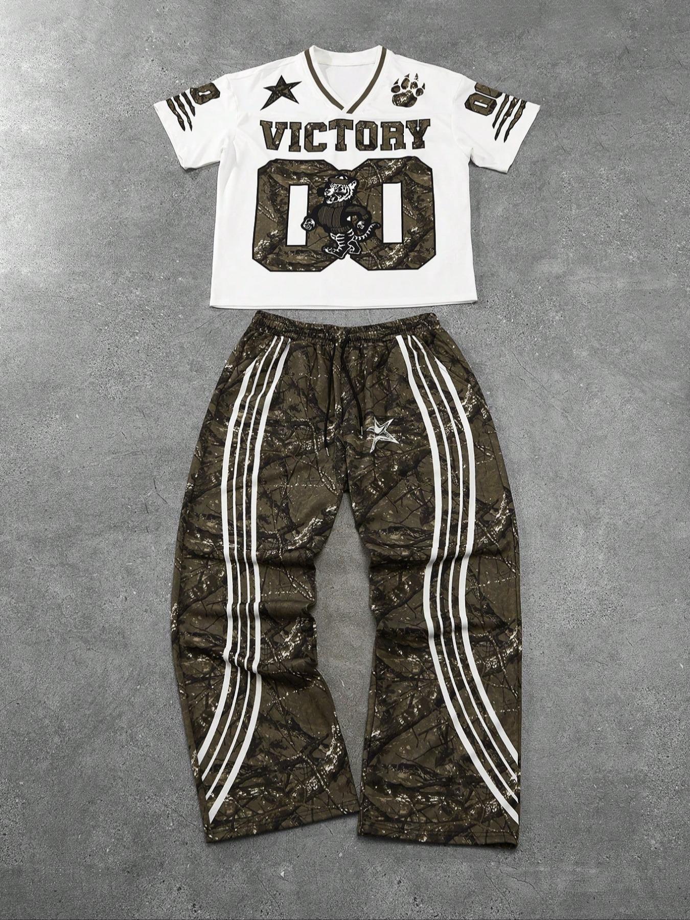 Men's Tiger Print Drop Shoulder Tee & Striped Print Trouser  Two-piece Set, Regular Fit Casual Fashion Cozy Breathable Two Piece Outfits for Daily Outdoor Wear, Men Clothes for All Seasons