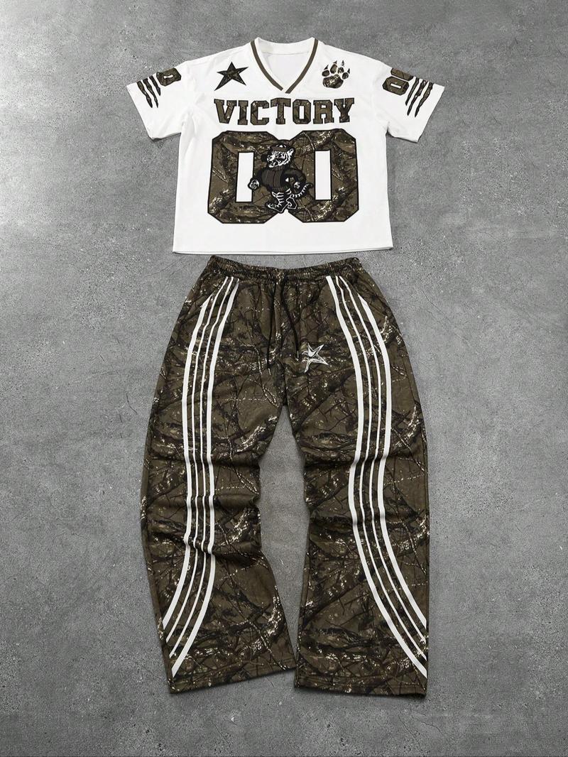 Men's Tiger Print Drop Shoulder Tee & Striped Print Trouser Two-piece Set, Regular Fit Casual Fashion Cozy Breathable Two Piece Outfits for Daily Outdoor Wear, Men Clothes for All Seasons,  Menswear, Crewneck Baseball Outfit