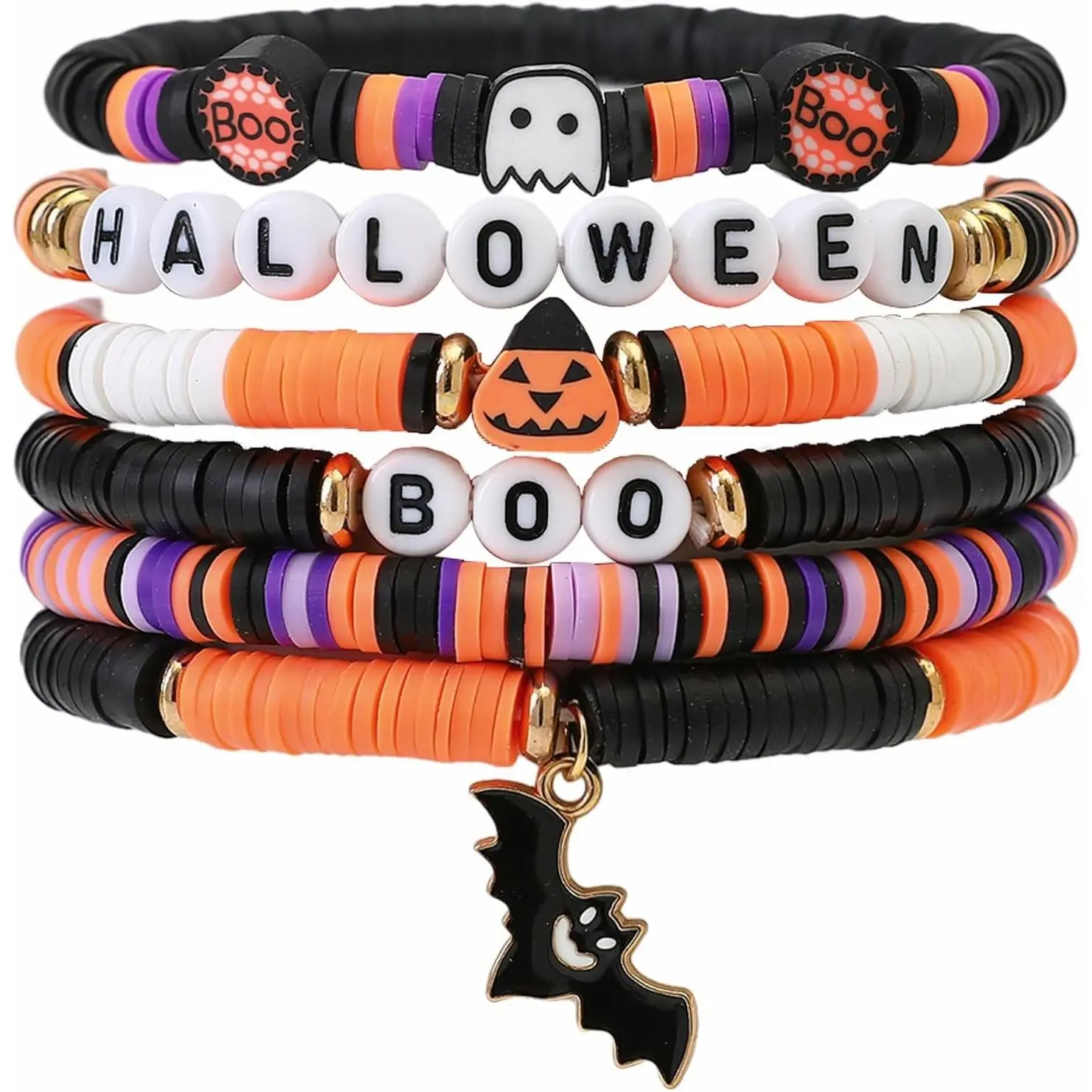 6 count Halloween Stretch Bracelets for Women, Stackable Polymer Clay Halloween Accessories, Friendship Gifts for Teens Women