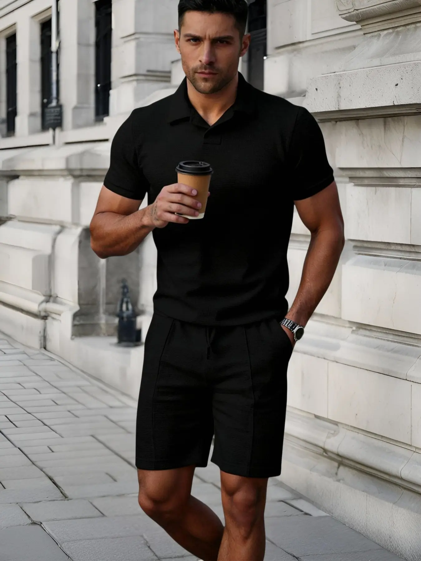 Men's V-Neck Plain Polo Shirt and Shorts Set, Summer Casual Two-Piece, Soft Breathable Fabric, Ideal for Daily and Holiday Wear