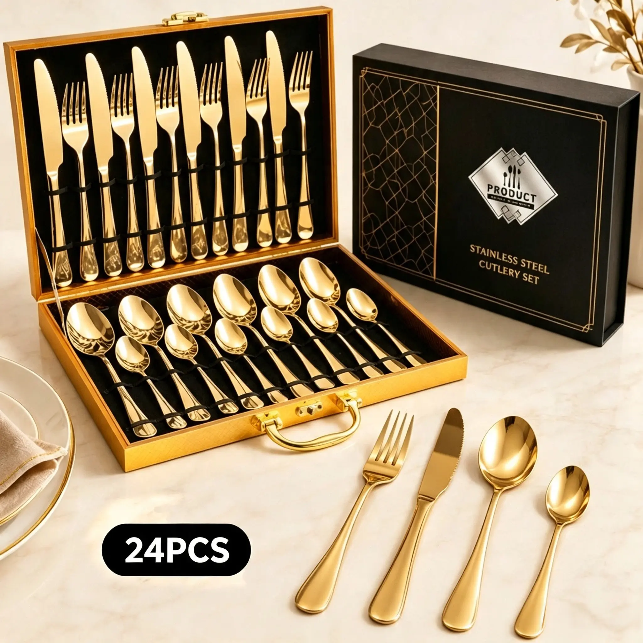 24-Piece Stainless Steel Cutlery Set, Elegant Mirror Polished Silverware, Dishwasher Safe, Ideal for Home Dinners, Parties, Weddings & Gifting