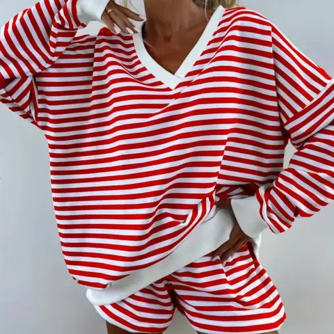 Women's 2-Piece Casual Set, Striped Summer New Arrival Outfits, Long Sleeve V-Neck Loose Top and Sporty Shorts, Comfortable and Stylish, Polyester Matching Shorts Set