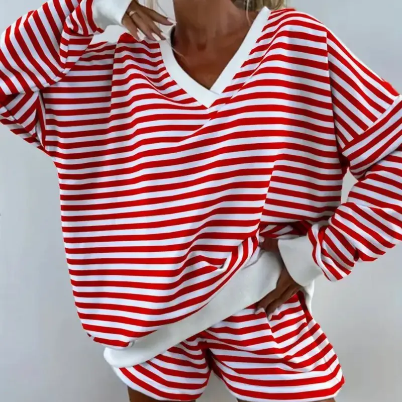 Women's 2-Piece Casual Set, Striped Summer New Arrival Outfits, Long Sleeve V-Neck Loose Top and Sporty Shorts, Comfortable and Stylish, Polyester Matching Shorts Set