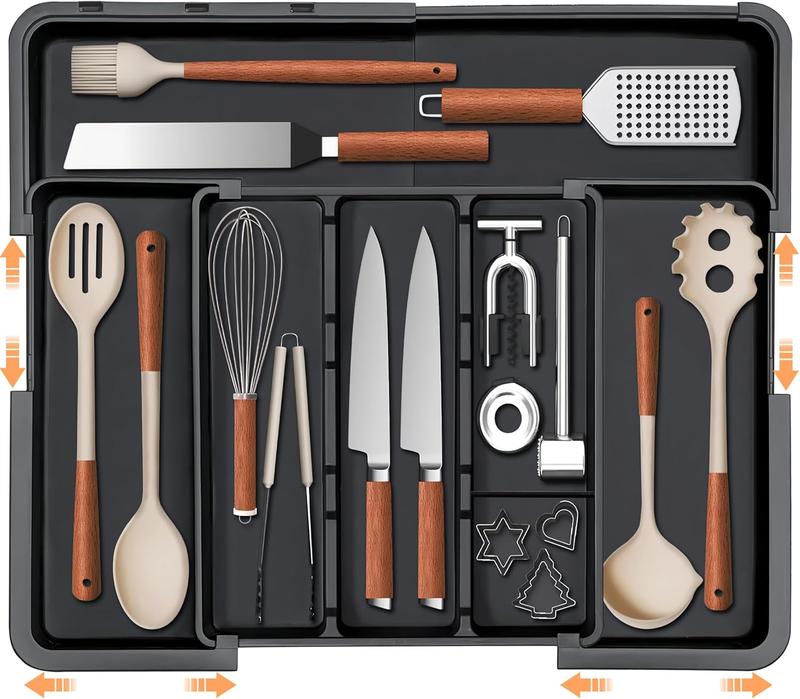 Large Cutlery Drawer Organizer Expandable Cutlery Storage Box Suitable for Kitchen Drawers Adjustable Cooking Utensil Rack Cutlery Knife Fork Spoon Tray Spatula Tool Small Tool Storage Divider Plastic Material Black