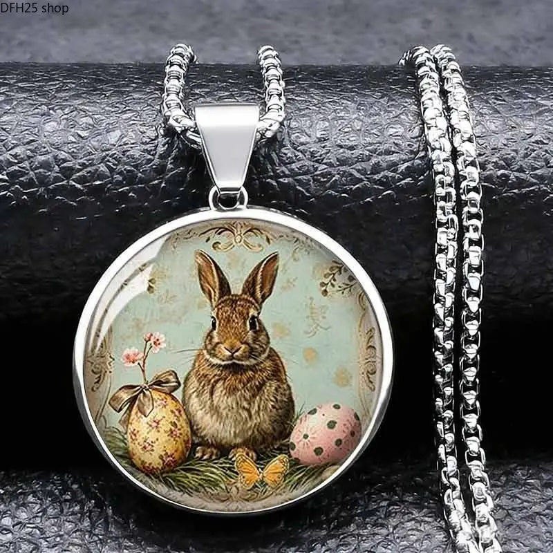 Vintage Bunny Pendant Necklace, Stainless Steel Round Rabbit Charm Necklace with Easter-Inspired Woodland Art Print, Cute Animal Statement Jewelry for Women, Daily Wear Gift