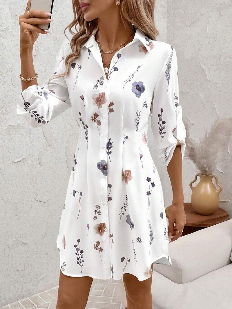 Women's Floral Print Button Front Shirt Dress, Casual Roll Up Sleeve Collared Short Dress for All Seasons, Women's Clothes for Daily Wear