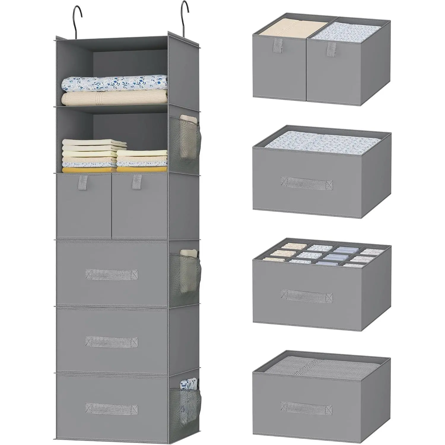 6-Shelf  Closet Organizer with 5 Drawers, Non-Woven Storage, Gray | Spacious compartments sort clothes & undergarments; foldable drawers add  storage for closets, wardrobes or RVs.